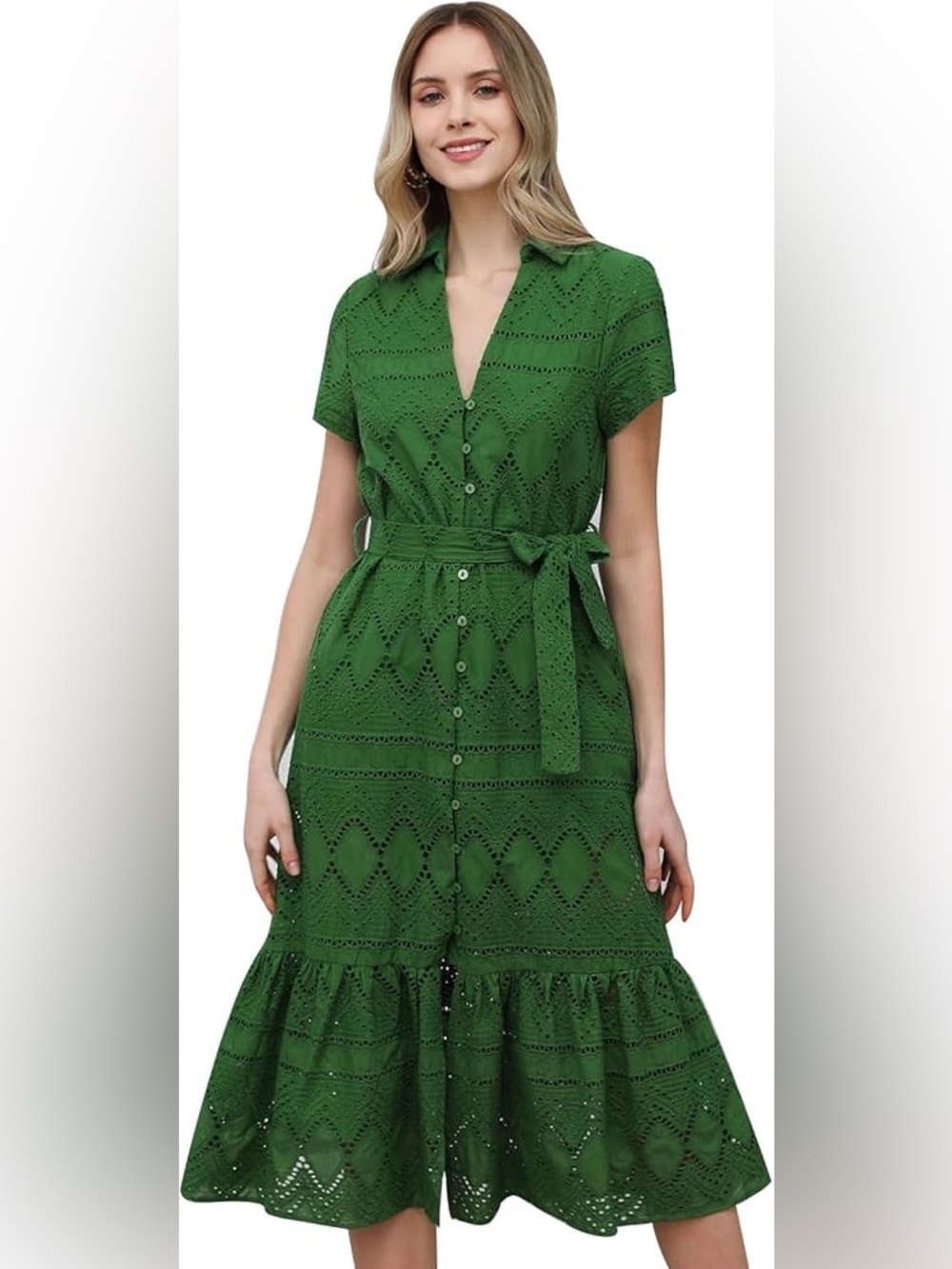 Chicwish Emerald Eyelet Belted Midi Dress - Picture 1 of 11